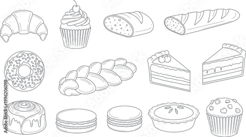 A delightful collection of hand-drawn line art outlines featuring various baked goods, pastries, and desserts, perfect for coloring books, educational materials, or a charming bakery menu design.