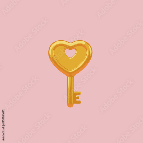 Golden heart shaped key on a pink background symbolizing love and access