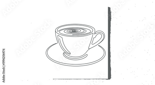 Elegant continuous line art drawing of a coffee cup with a saucer on a clean white background, showcasing a modern minimalist beverage design for cafe decor and kitchen wall art.