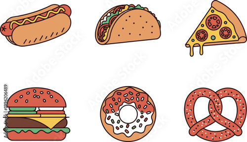 A colorful collection of six popular fast food icons including a hot dog, taco, pizza slice, burger, donut, and pretzel arranged neatly.