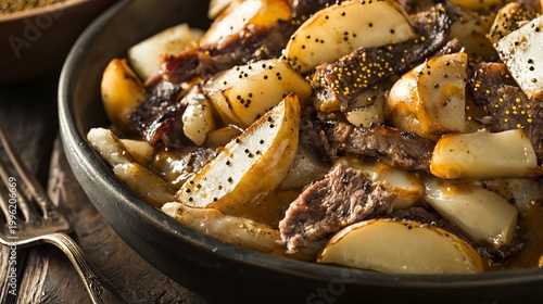 Close-up of smoked meat poutine with golden potatoes and mustard, a classic Canadian dish