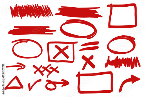 Highlight marker pen element set. marker and brush stroke with highlight underline, check arrow and round circle