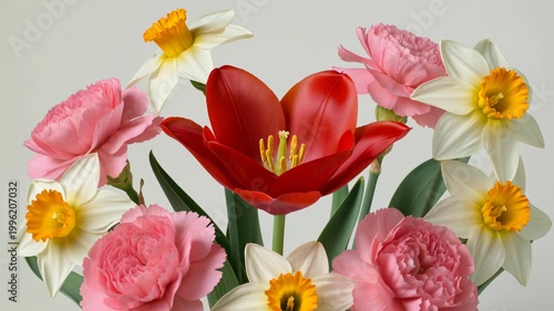 Timelapse of blooming red tulip, pink carnations and yellow freesia flowers opening on white background. Beautiful spring flower blossoming animation for nature and holiday.