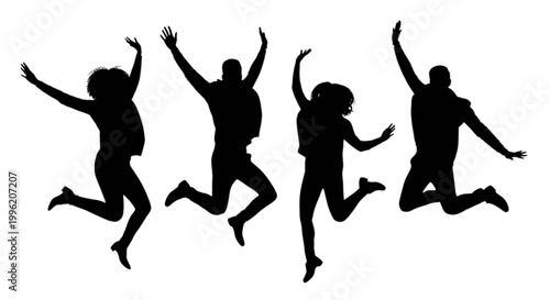 Four people jumping for joy together