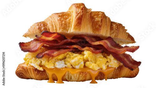 фотографія Flaky croissant sandwich with scrambled eggs crispy bacon and melted cheese, iso