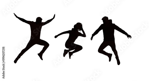 Three silhouettes jumping for joy