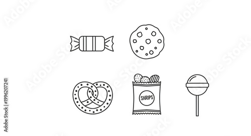 Assorted sweet and salty snack icons in a simple line drawing style.