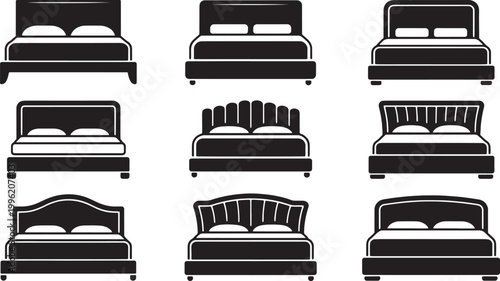 Bedroom furniture bed frames set with different headboard designs and mattresses for architectural floor plan rendering Vector Illustration