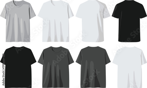 Set of Black, White, and Gray T-Shirts for Casual Wear, Apparel, and Clothing Design Themes