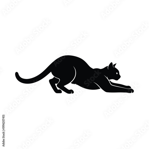 Stretching black cat silhouette vector illustration playful pose reaching forward illustration.