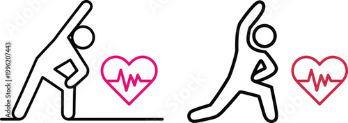 Yoga poses with heartbeat line art icons