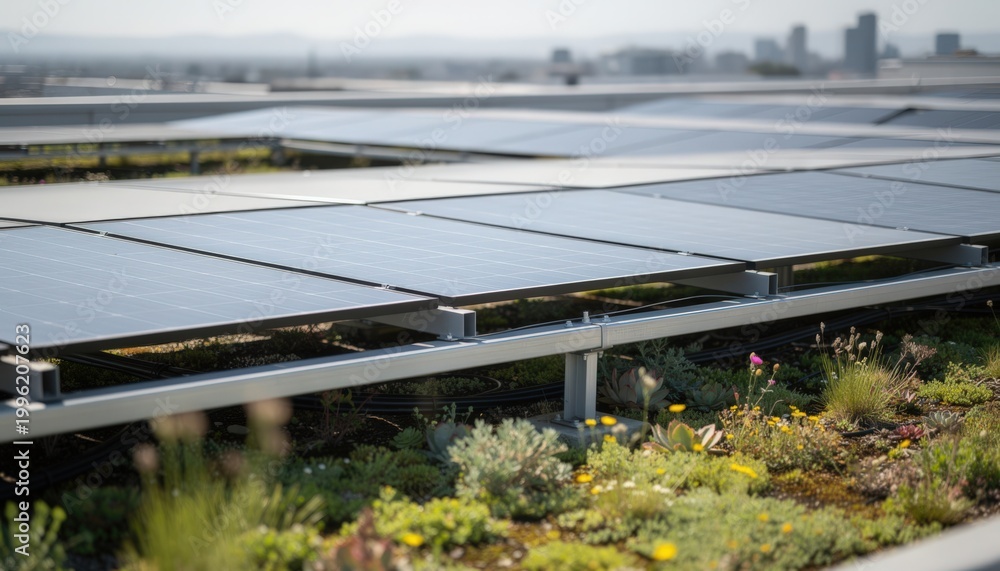 Obraz premium Medium shot of industrial complex rooftop with solar canopies focus on shimmering panels surrounded by blurred green roof plants promoting renewable energy lease sites.