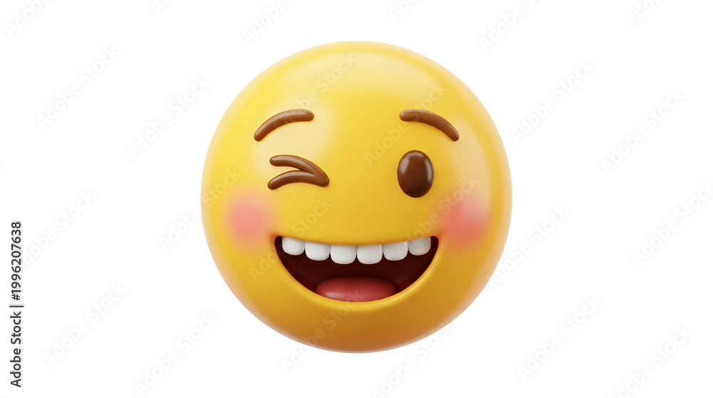 Fototapeta premium 3d yellow smiling emoji face with rosy cheeks and closed eyes expressing happiness and joy
