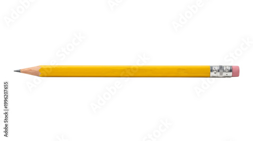 Yellow wooden pencil with pink eraser on plain white background, minimalist school or office supply concept