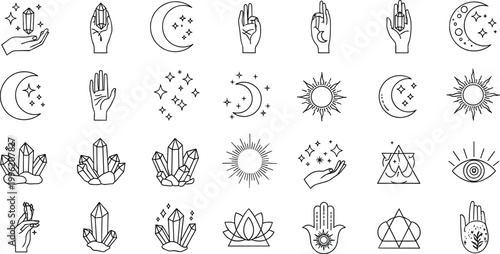 Minimalist celestial hand and crystal vector icon set with mystical monoline moon and sun