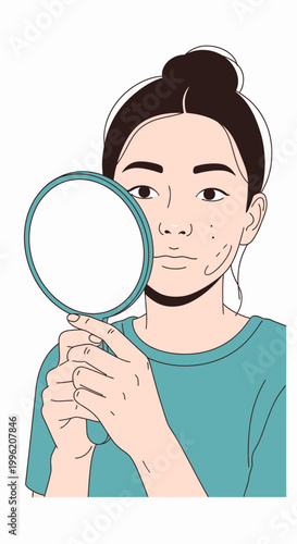 Young Woman Examining Skin Imperfections in Mirror, Acne and Blemishes
