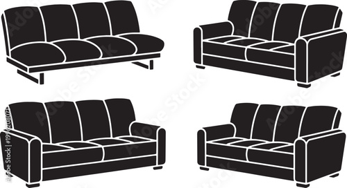 Set of silhouettes of different modern three-seater sofas in front and angled view, vector design, illustration furniture.