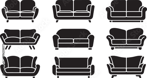 Set of silhouettes of different modern two-seater sofas in front view, vector design, illustration, interior furniture.