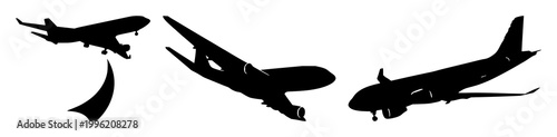 Air freight silhouette icon set with solid black shape on white background featuring aviation, freight, transport with shipping and cargo