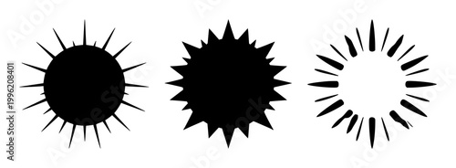 Brightness sun icon set with solid black graphic on white background featuring sun symbol, mood light, iconography with daytime and illumination