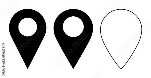 Map pin icon set with solid black marker on white background featuring location, navigation, symbol with place and address