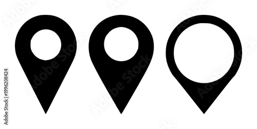 Map pin icon set with solid black marker on white background featuring location, navigation, symbol with place and address