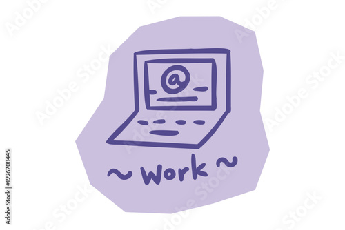 Hand drawn laptop with email symbol and work text on purple shape for scrapbook and journal. Vector illustration design.