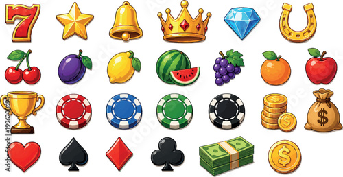 Casino Icons Set Gambling Chips Coins Cards Slot Game Symbols