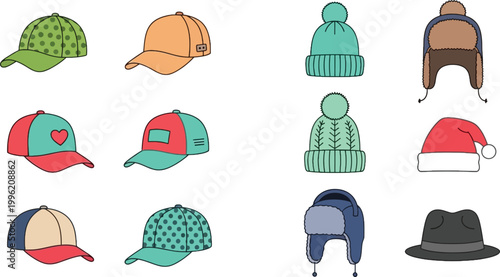 Winter and Casual Hat Vector Collection with Baseball Caps, Beanies, Trapper Hats, and Santa Hat for Fashion Accessories and Seasonal Design
