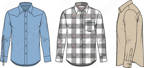"Fashionable Shirt Collection Illustration with Casual, Plaid, and Plain Designs for Apparel, Clothing Store, and Fashion Graphics"