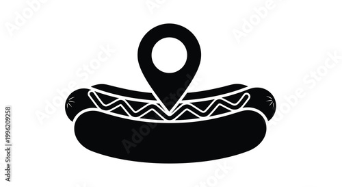A black silhouette of a hotdog with a location marker silhouette