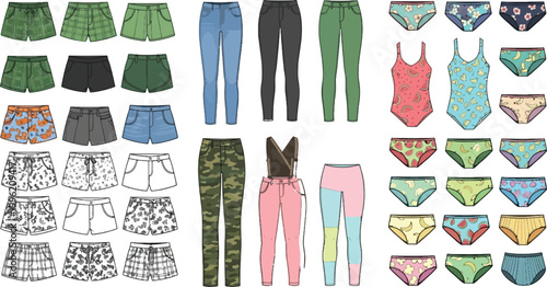 Women Clothing Vector Set with Shorts, Pants, Jeans, Leggings, Swimsuits, and Underwear Collection for Fashion Design and Apparel Illustration