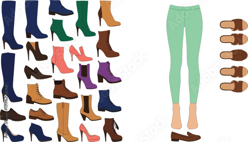 Women Footwear Collection with Boots Heels Sneakers and Flats Vector Set for Fashion Design, Outfit Styling, E Commerce, Retail Catalog, and Apparel Illustration