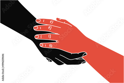 Two hands of different colors holding each other, representing unity, support, cooperation, diversity, equality, and human connection