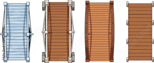 Wooden Bridge Top View Set with Rope Suspension and Plank Path Illustrations for Game Assets, Map Design, Adventure Scenes, UI Elements, and Environment Graphics
