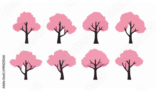 Minimal pink sakura tree collection vector with multiple Japanese cherry blossom trees for modern website banner design