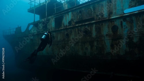 Scuba diver exploring large underwater shipwreck. Professional diver swimming along rusted boat hull in deep ocean. Marine adventure and discovery concept with dramatic lighting in murky blue water
