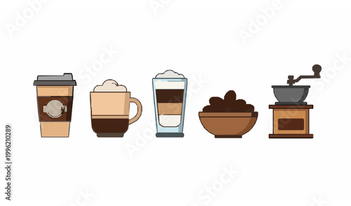 Modern coffee icon collection with cups beans and grinder in clean flat outline vector style for website banner