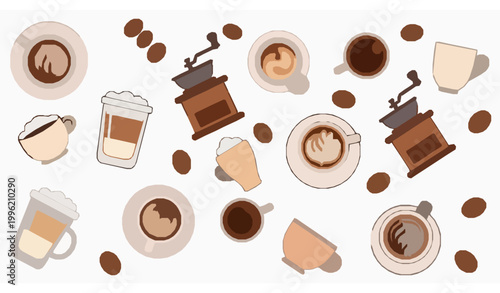 Cute coffee drink icons with latte cappuccino and grinder in playful flat vector style for modern website graphics