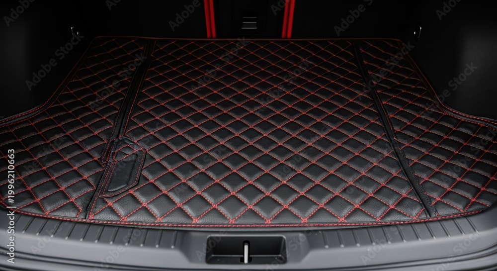 Fototapeta premium Custom quilted black leather trunk liner with red stitching is installed in a modern vehicle cargo area.