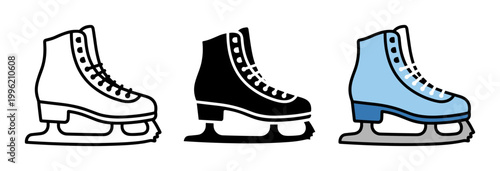 Winter sports ice skates icon set featuring figure skating boots in outline, solid and color styles, white background
