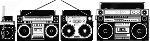 Vintage Boombox Radio Cassette Player Vector Illustration Set with Retro Music Audio Devices for 80s Style Design, Hip Hop Culture, and Nostalgic Media