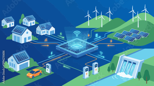 Sustainable Energy Network: An illustration showcasing a smart grid, connecting homes, renewable energy sources, and electric vehicles, representing a sustainable and eco-friendly future.