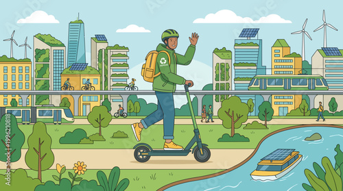 Green City's Eco-Friendly Commute: An individual rides an electric scooter through a sustainable, eco-friendly metropolis, showcasing a harmonious blend of nature and innovation.