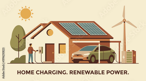 Eco-Friendly Home: A modern illustration showcasing a house powered by renewable energy, featuring solar panels, a wind turbine, and an electric vehicle charging station.
