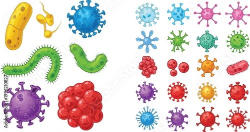 Virus and Bacteria Icon Set with Microorganism Germ Cells for Medical Science, Infection Study, Healthcare Awareness, and Microbiology Illustration Design