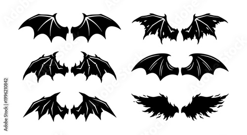 Gothic bat wings collection, black demon and dragon wing silhouettes, set of 6 vector icons for Halloween and dark fantasy design