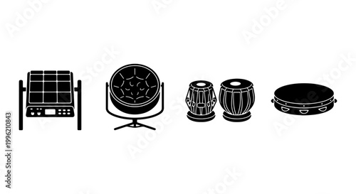 Percussion musical instruments vector set, black silhouette icons of electronic drum pad, steelpan, tabla, and tambourine, rhythmic equipment collection
