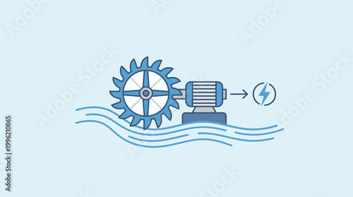 Renewable Energy Innovation: An illustrated depiction of a water wheel and generator, harnessed to create sustainable power, symbolizing the cutting-edge of environmental solutions.