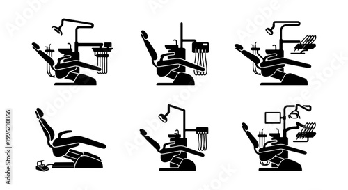Dental chair icons set, professional dentist workstation silhouettes, 6 medical equipment vector elements for stomatology clinic signage and web design